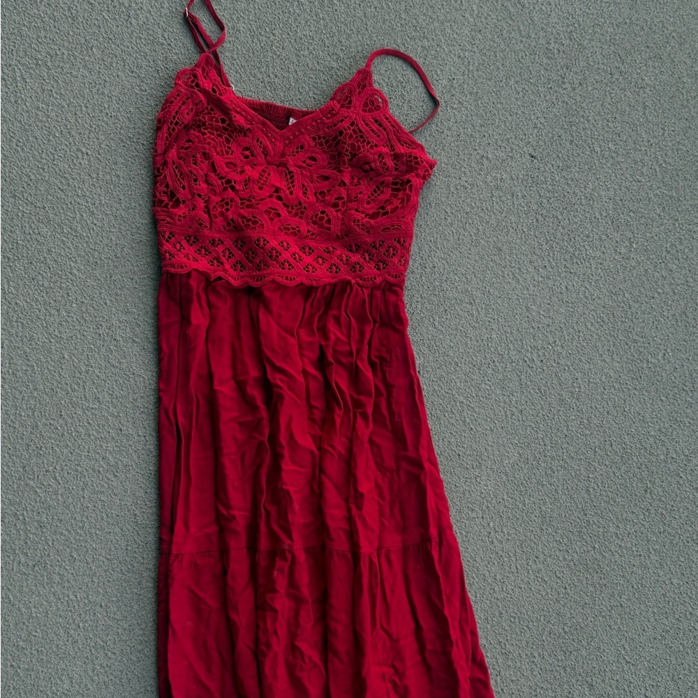 Red Lace-Top Maxi Dress with Spaghetti Straps